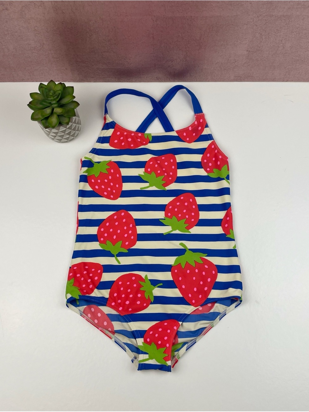 Mini Boden Blue White Red Pink Strawberry Stripe One Piece Swim Suit Girl